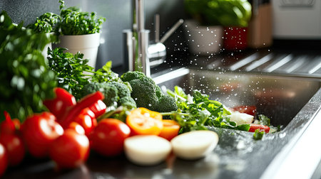A shiny, new garbage disposal in a modern kitchen sink, with vegetables being efficiently chopped and discarded into it.の素材