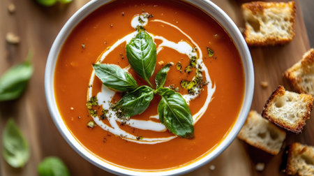 A top view of a steaming bowl of tomato soup with a swirl of cream and fresh basil leaves, accompanied by crispy croutons on the side.の素材