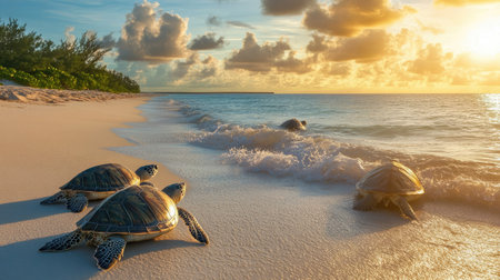 A tropical beach with sea turtles crawling out of the ocean and making their way across the sand.の素材