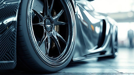 A carbon-fiber wheel of a luxury sports car, with the focus on the sharp lines of the rim and high-performance tire tread.の素材