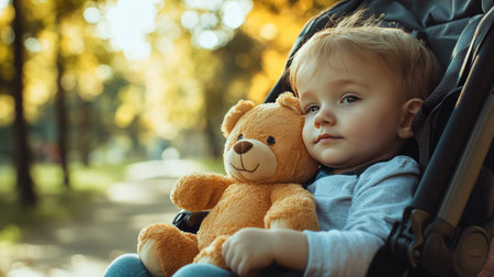 A toddler cuddling a soft bear toy while sitting in a stroller during a family outing in a park.の素材