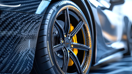 A carbon-fiber wheel of a luxury sports car, with the focus on the sharp lines of the rim and high-performance tire tread.の素材