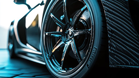 A carbon-fiber wheel of a luxury sports car, with the focus on the sharp lines of the rim and high-performance tire tread.の素材