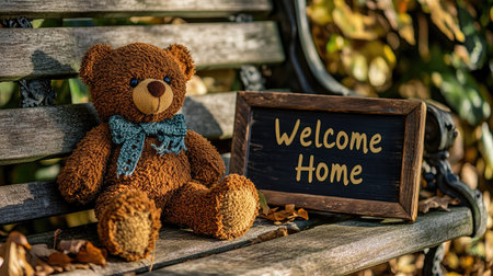A teddy bear sitting on a bench next to a handmade "Welcome Home" sign, evoking a sense of warmth and comfort.の素材