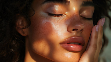 A woman with flawless, glowing skin gently touching her face with a relaxed expression, focusing on the softness and beauty of her skin.の素材