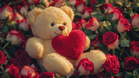 A teddy bear holding a red heart plush, placed on a bed of roses, perfect for a Valentine's Day themed setting.の素材