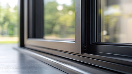 A close-up of a black aluminum window frame with double-glazed glass, showing the sharp, precise lines of modern architecture.の素材