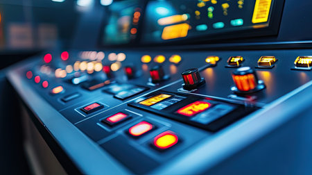 A close-up of a modern machine control panel with illuminated buttons and digital displays, showing precision in industrial automation.の素材