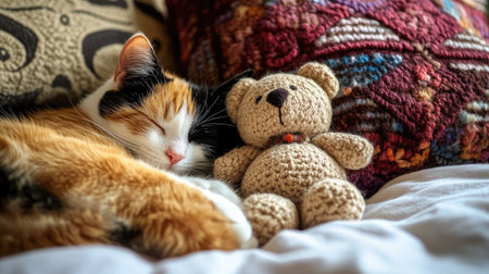 A close-up of a sleeping calico cat, nestled next to a small stuffed bear, both surrounded by a pile of cozy pillows.の素材