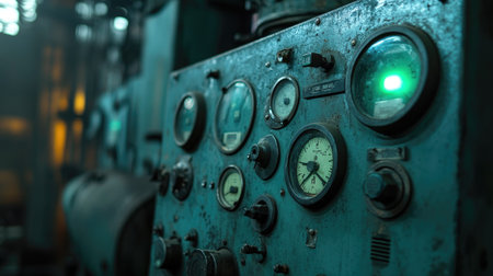 A close-up of an industrial control panel, with dials and a green light indicating the machine is operational, surrounded by heavy machinery.の素材