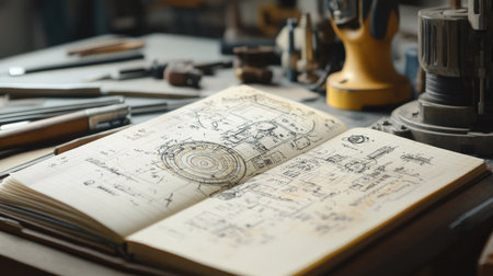 A close-up of an engineers notebook, filled with sketches and technical diagrams, with a drafting table and tools nearby.の素材
