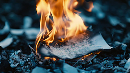 A close-up of flames rising from burning paper, with edges of the paper curling as it is consumed by the fire.の素材