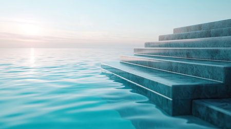 A close-up of the steps of an infinity pool, blending seamlessly with the horizon, creating an illusion of endless water.の素材