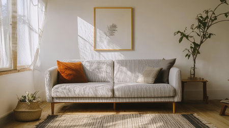 A cozy, minimalist living room with a gray sofa, a small rug, and a single framed artwork, all arranged in a harmonious, clutter-free space.の素材