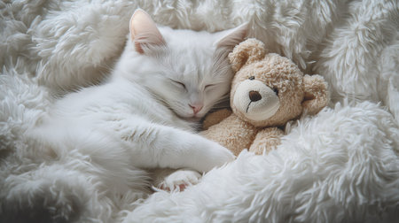 A close-up of a white cat curled up with a miniature teddy bear, both nestled in a fluffy bed, exuding comfort and warmth.の素材