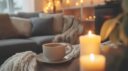 A cozy living room with candles, soft pillows, and a person enjoying a cup of tea, promoting a relaxing atmosphere for unwinding.の素材