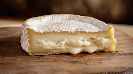 A close-up of a piece of brie cheese with a soft, white rind, oozing slightly from the middle, resting on a wooden cheese board.の素材
