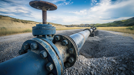 A detailed look at a valve mechanism on a pipeline at an oil field, surrounded by gravel and the rugged landscape under a bright sky.の素材