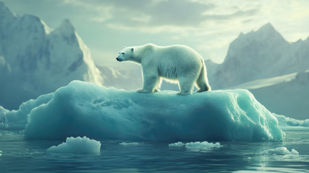 A polar bear standing on a melting iceberg, raising awareness of the effects of climate change on Arctic wildlife.の素材