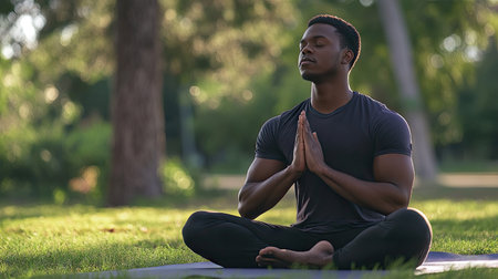 A man sitting on a yoga mat, eyes closed, in a peaceful park, practicing deep breathing exercises, embracing relaxation and inner calm.の素材