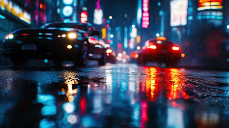 A rain-soaked city street at night, with blurry car lights reflecting off the wet road and vibrant neon signs glowing in the background.の素材