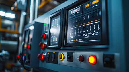 A modern machine control panel with digital displays, sliders, and buttons for controlling automated industrial equipment.の素材