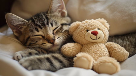 A sleeping cat with its paw gently resting on a soft toy bear, set against a plush pillow, creating a serene and peaceful moment.の素材
