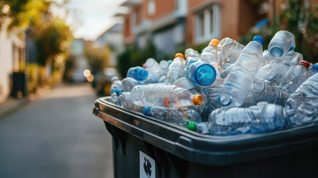 A recycling bin overflowing with plastic bottles, highlighting the urgent need for recycling and waste management.の素材