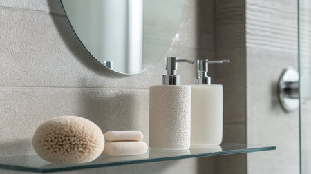 A set of bath accessories including a pumice stone, bath salts, and a sleek soap dispenser, placed on a glass shelf next to a mirror.の素材