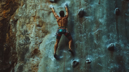 A person at the top of a rock climbing wall, reaching for the next handhold, symbolizing motivation, determination, and perseverance.の素材