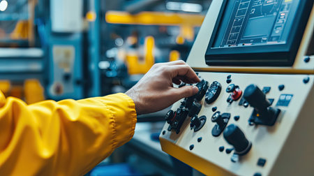 A technicians hand operating a machine control panel with various dials, switches, and an LCD screen, highlighting advanced manufacturing technology.の素材