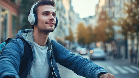 A man listening to music with headphones while riding his bicycle through the city streets, enjoying the rhythm and energy of his playlist.の素材