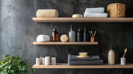 A shelf in a modern bathroom filled with bath accessories: body wash, shampoo, a loofah, and a pumice stone, neatly organized.の素材