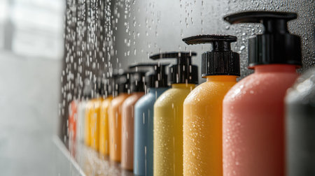 A row of colorful shampoo, conditioner, and body wash bottles lined up on a modern shower ledge, with water droplets on the surface.の素材