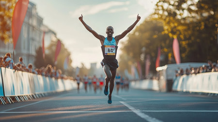 A runner crossing the finish line of a race with arms raised in victory, capturing the thrill of accomplishment and motivation.の素材