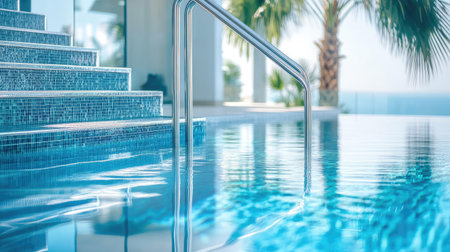 A luxurious pool with crystal-clear water, stainless steel stairs, and reflections of palm trees swaying in the distance.の素材