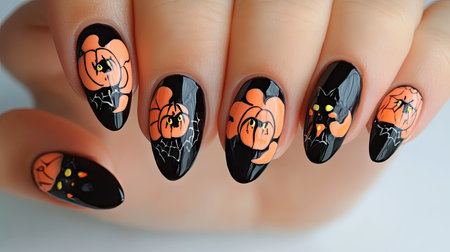 A set of hands with a Halloween-inspired nail design, featuring black cats and pumpkins on an orange and black color scheme.の素材