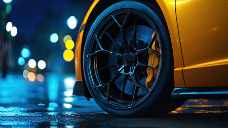 A luxury sports cars wheel illuminated by street lights, highlighting the gleaming rim and perfectly sculpted brake calipers.の素材