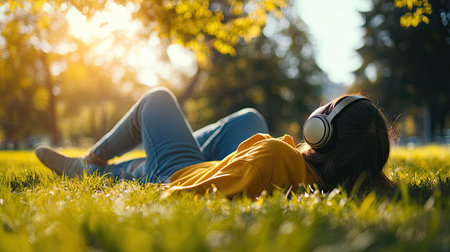A person relaxing in a park, lying on the grass with headphones on, listening to music under the shade of a tree on a sunny day.の素材