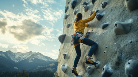 A person at the top of a rock climbing wall, reaching for the next handhold, symbolizing motivation, determination, and perseverance.の素材