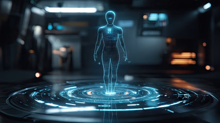 A futuristic artificial intelligence-powered personal assistant floating as a hologram, helping a user manage tasks and reminders.の素材