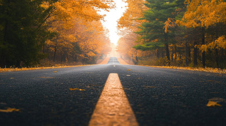 A long road stretching through a yellow autumn forest, with the leaves glowing in the soft evening light.の素材