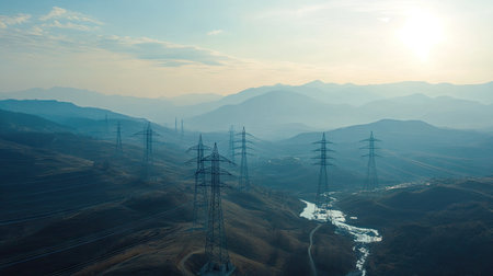 A drone's aerial view of multiple high voltage towers crossing a valley, showing the vast network of power infrastructure.の素材