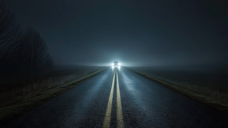 A quiet country road at night, with a lone car approaching in the distance, its headlights piercing through the darkness.の素材