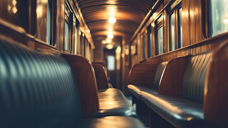 An empty train with vintage-style seats and wooden paneling, with soft lighting creating a nostalgic and peaceful travel scene.の素材