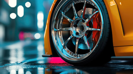 A close-up of a custom chrome sports car wheel with vibrant colored brake calipers, parked in a sleek urban setting.の素材