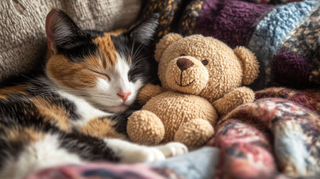 A close-up of a sleeping calico cat, nestled next to a small stuffed bear, both surrounded by a pile of cozy pillows.の素材
