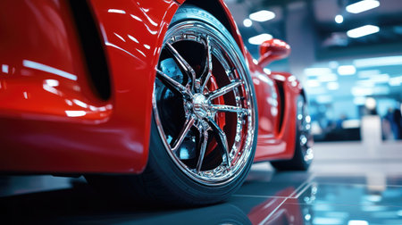 A detailed view of a sports cars alloy wheel with reflective chrome finishing and sharp angular spokes, parked in a showroom.の素材