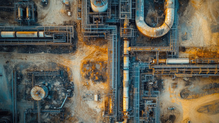 A drone view of extensive pipelines and valve systems snaking through an oil field, capturing the industrial scale of oil extraction.の素材