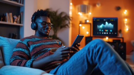 A man lounging in a modern living room with headphones on, immersed in music while browsing through a music streaming app on his phone.の素材